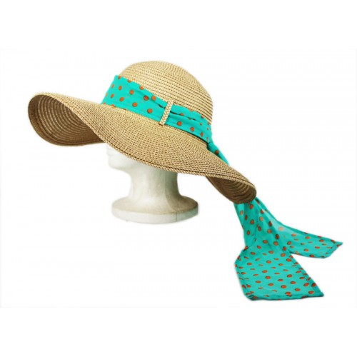 Wide Brim Hat w/ Polka Dot Chiffon Ribbon - Turguoise - HT-SHT2412TQ